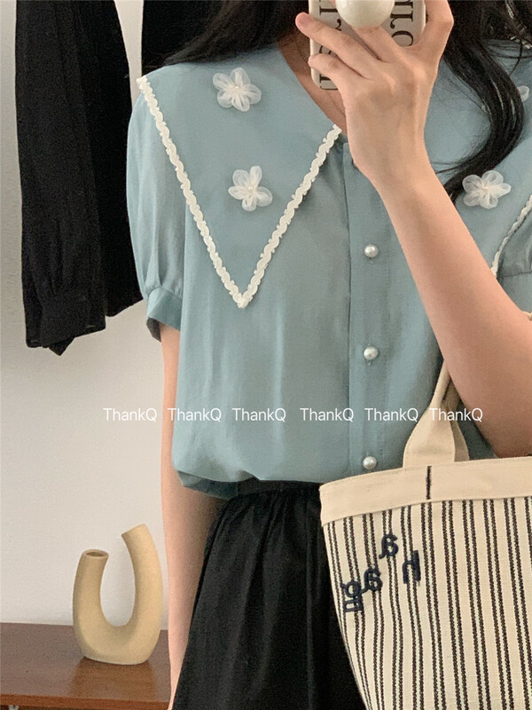 [thankq] large lapel three-dimensional floret aging shirt 6856\zjy