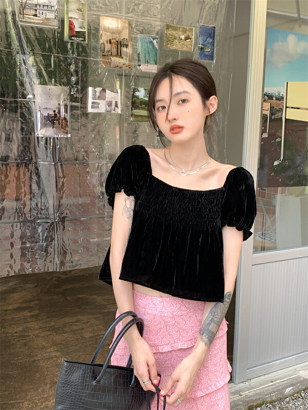 [dolly] baby velvet square neck off shoulder shirt 2355\pcz
