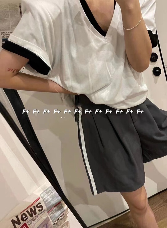 【F】 High waist slim contrast wide leg casual shorts 1383\hbx