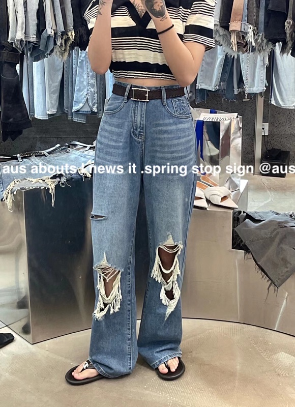 【 aus 】 distressed retro micro flare jeans (with belt) g633\pcz