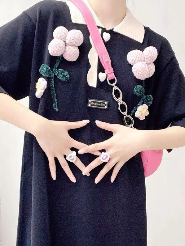 【 YT 】 heavy industry solid hook flower polo collar dress (flowers can not be disassembled) ly5365\pcz
