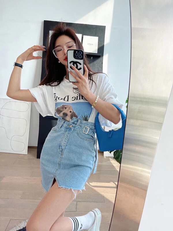 [y.jia EJA] cartoon printed short sleeve T-shirt + irregular design cowboy skirt set (only sell set) ys1-6789\pcz