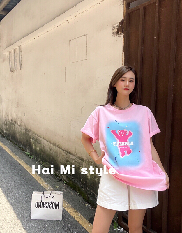 [Haimi] Korean version versatile contrast color bear printed short sleeve T-shirt 1883\wtt