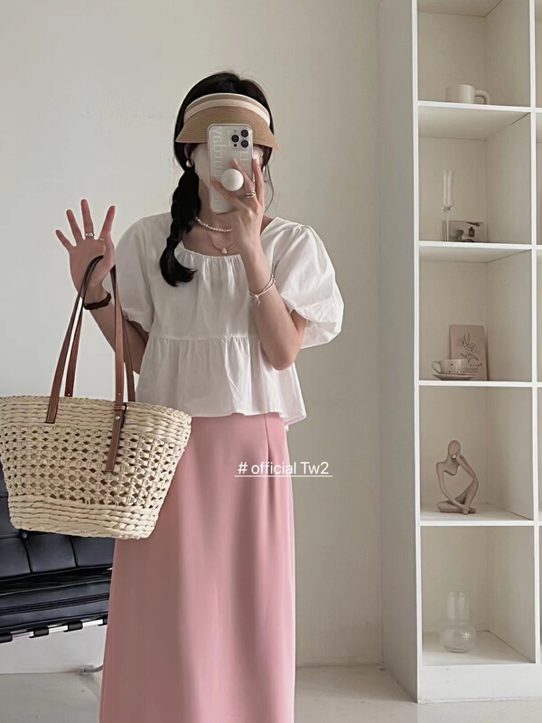 [TW2] square neck bubble sleeve lace up blouse 19205\hbx