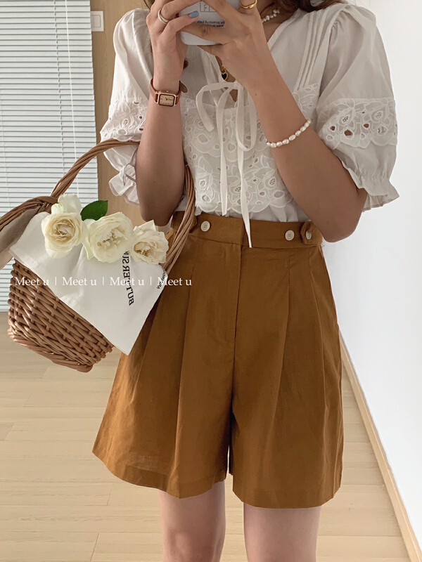 【 meetu 】 Korean series back rubber band cotton hemp casual shorts 22388\hbx