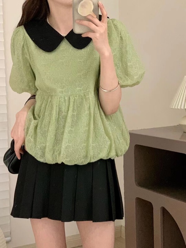 [o.lucky] Korean color contrast bubble sleeve shirt 1892\hbx