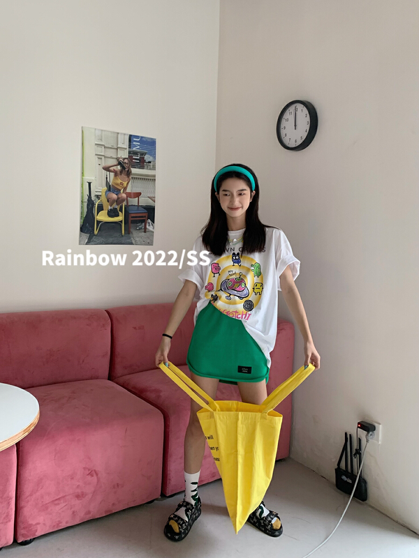 [rainbow] small fresh print loose retro short sleeve T-shirt 08177\wtt