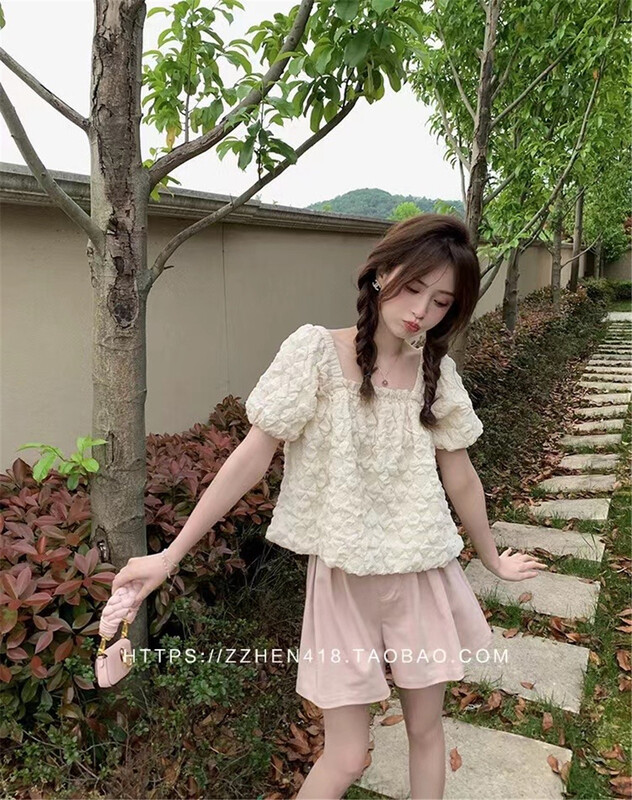 [MS studio] square neck sweet jacquard bubble sleeve shirt 09160\pcz