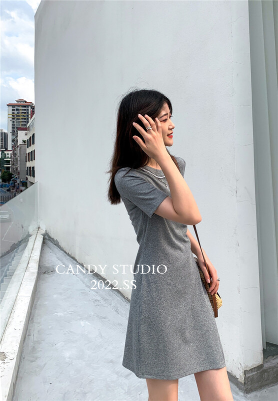 [candy] Korean split short sleeve waist dress (with chain) ys1-7506\zjy