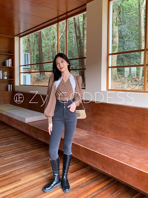 Early winter brings new life! [ZY] Korean fashionable asymmetric waist high waist jeans j9029\ozq