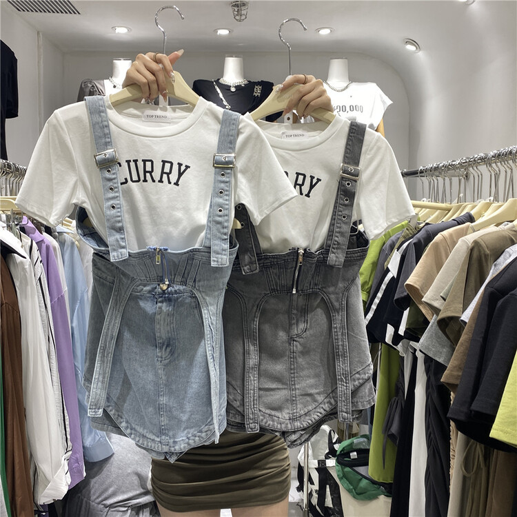 [top] designed Denim Vest + versatile letter printed short sleeve T-shirt + high waist denim skirt set 9236\zjy