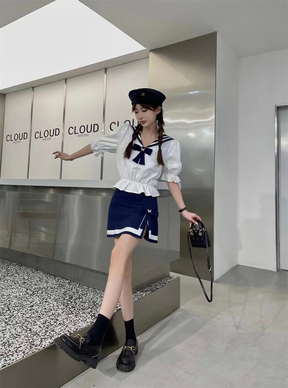 [big C studio] college style bow tie blouse + irregular skirt suit 5135\pcz