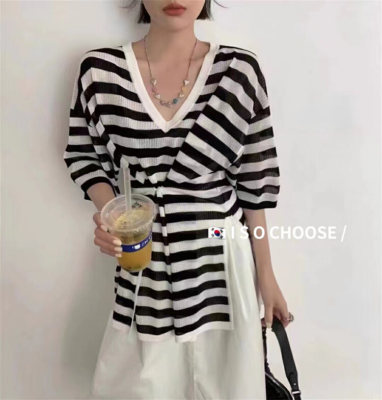 [ISO Korean] new V-neck striped button knit 2225\hjy