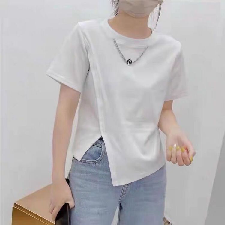[Ziyi family] simple solid color irregular short sleeve T-shirt (with chain) ys4-005\wtt