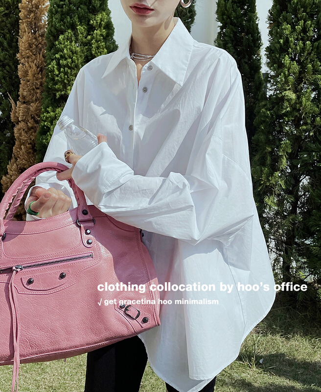 Original price 92.79! New year in early spring! [gracetina Hoo] asymmetric hem custom metal buckle decoration loose silhouette lazy shirt cs900\zxl