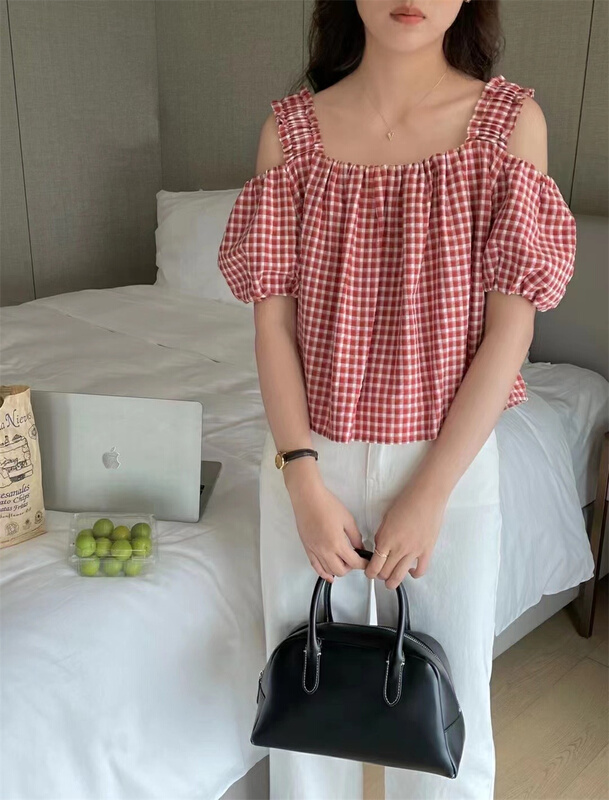 [hey Bella] sweet age reduced check off shoulder shirt 2963\ll