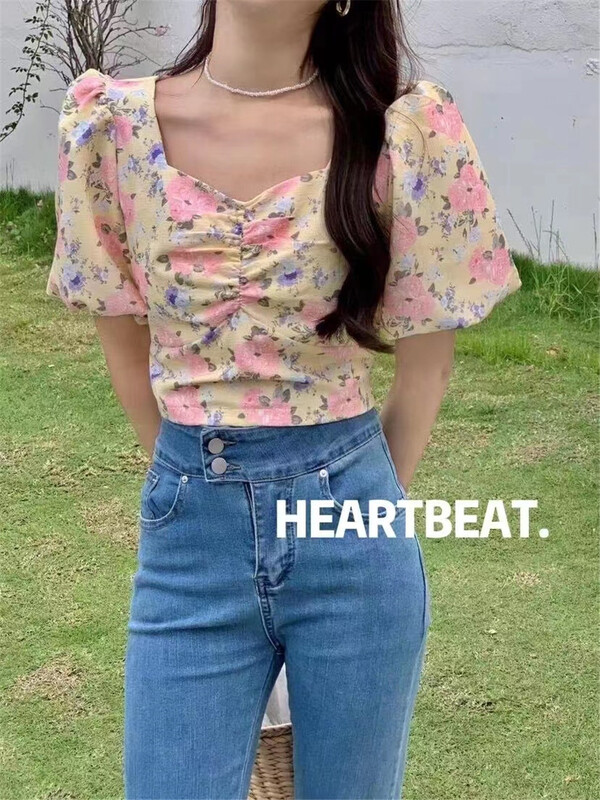 [hearteat] Korean foam sleeve floral short shirt 561\zjy