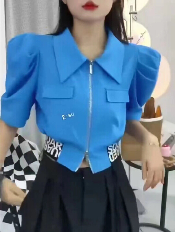 [top] Korean zipper bubble sleeve short shirt ys1-8075\zjy