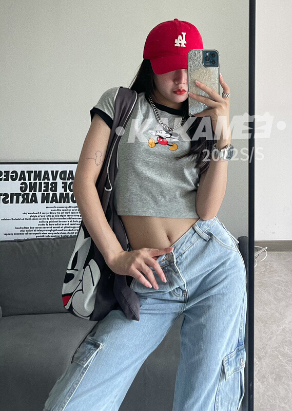 [kakamee] cartoon printed Mickey patch black edge short sleeve T-shirt 5038