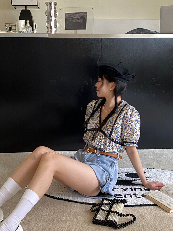 [event with you] Korean floral bubble sleeve slim shirt t0721-j\lsw