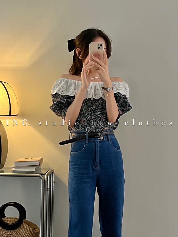 [ing] lace off shoulder floral shirt 7849