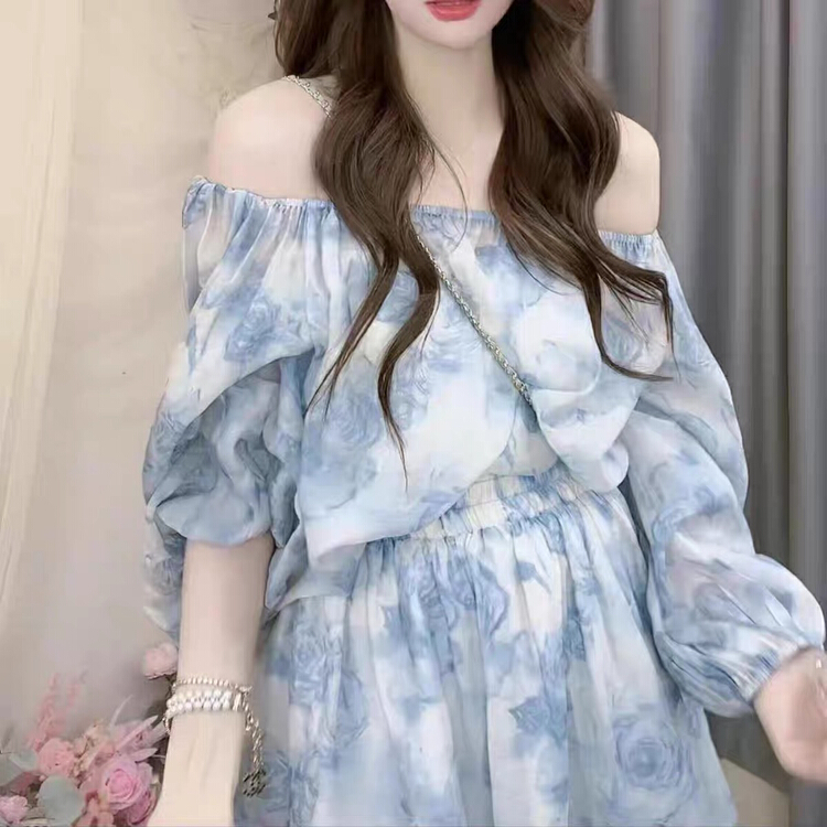[JH] net red flower Off Shoulder Top + slim casual shorts suit (only suit) 41807\pcz