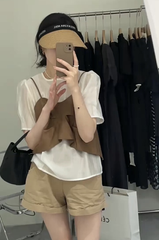[m.zi studio] simple temperament shirt + wrinkled thin suspender vest set 5809\hbx