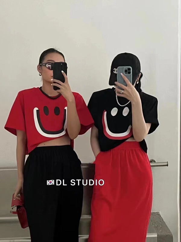 [DL] simple casual short smiling face printed short sleeve T-shirt 8759\wtt