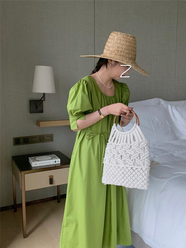 [feeding] Korean pure color loose and versatile dress (with waist rope) 7826-a7\cls