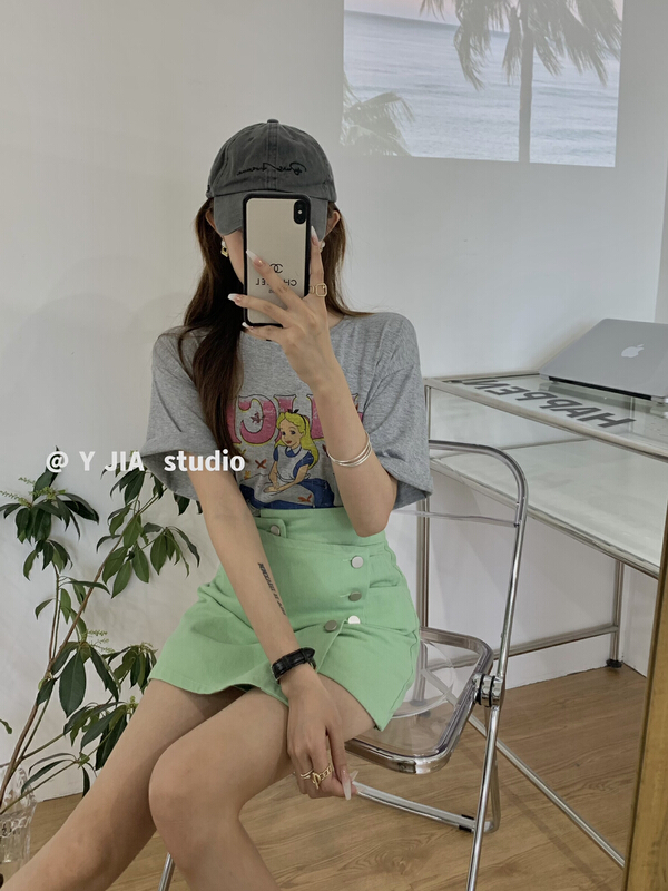 原價88.99! 【Y.JIA 伊嘉】寬鬆韓版短袖T恤+不規則排扣半裙套裝  YS1-5625#  PCZ