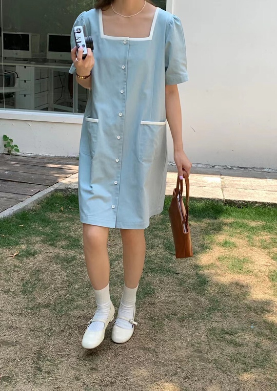 [feeding] Korean color matching edge button square neck bubble sleeve dress 3382-a6\cls