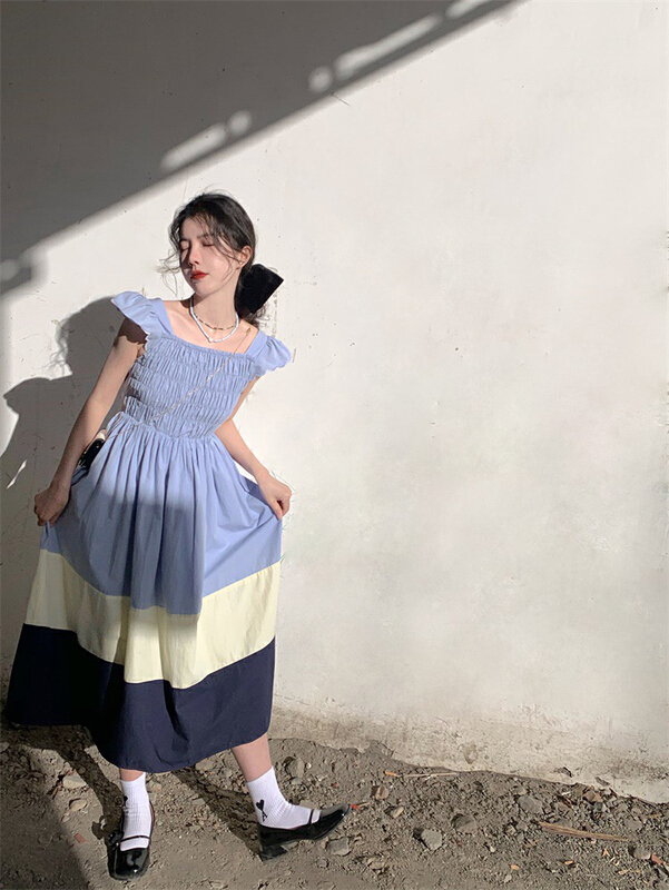 [wgwe] fashion color blocking Feifei sleeve mid length dress 1833\pcz