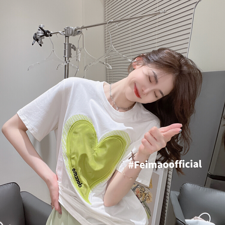 In early summer! [Feimao Philippine cat] contrast color love Pullover round neck short sleeve T-shirt ym-7408\lsl