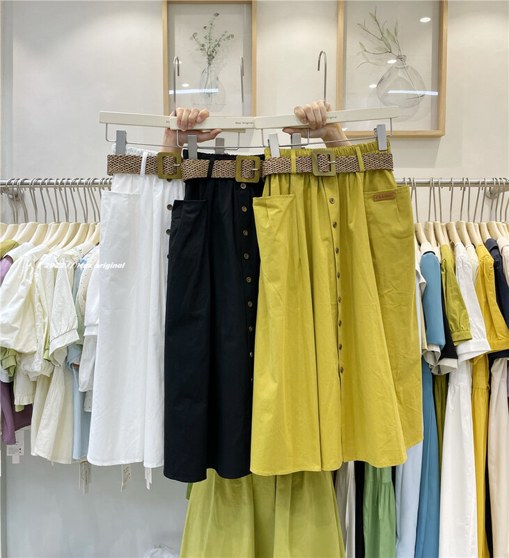 [Max original] high waist slim A-line label skirt (with belt) 98233\hbx