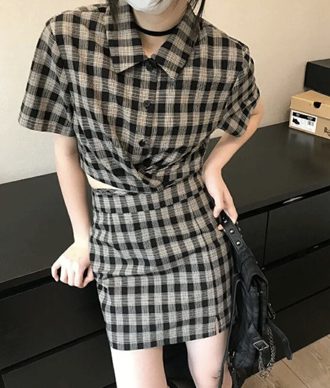 [jun.t] strap design short sleeve shirt + pleated high waist skirt set 6079\pcz