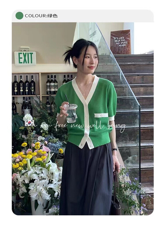 [free studio] Korean V-neck color contrast T-shirt 2268\hjy
