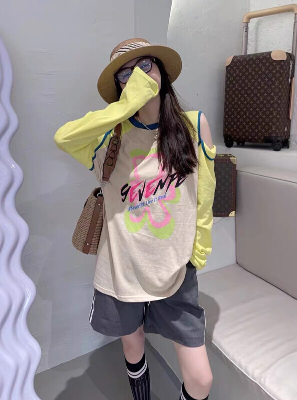 [blue show] Korean off shoulder bear print sunscreen long sleeve T-shirt 8176\lsw