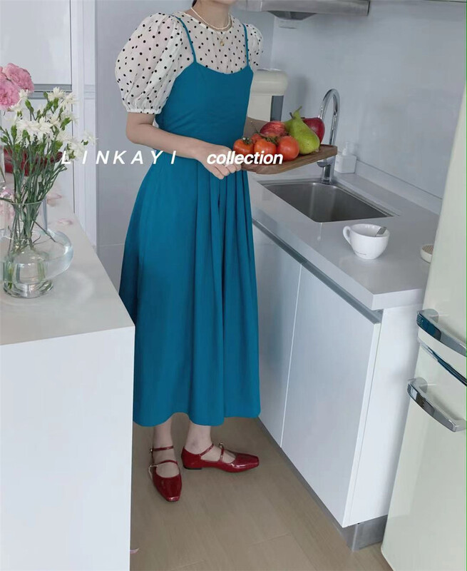[linkayi] Korean Ladies' Polka Dot Print Blouse + simple solid color strap skirt set 22445\hjy