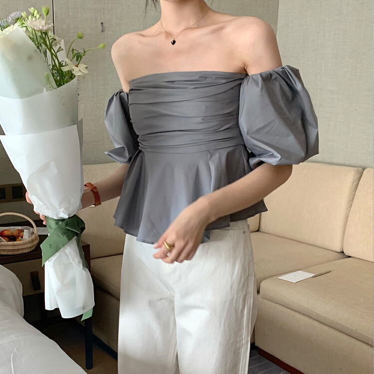 [dolly] French retro bubble sleeve one line collar anti slip Raglan shirt 3578\pcz