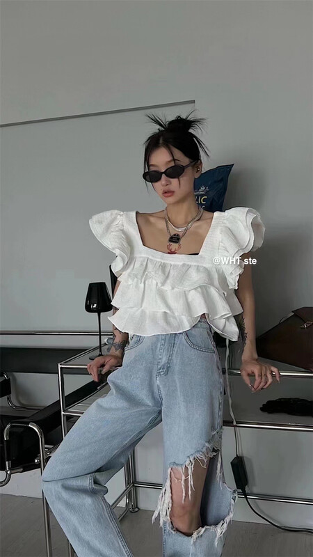 [wht] French Ruffle lace up shirt ys1-5015\wtt