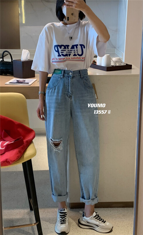 Summer new! [suxinlan] fashion Vintage skinny jeans with holes 13557\lsl