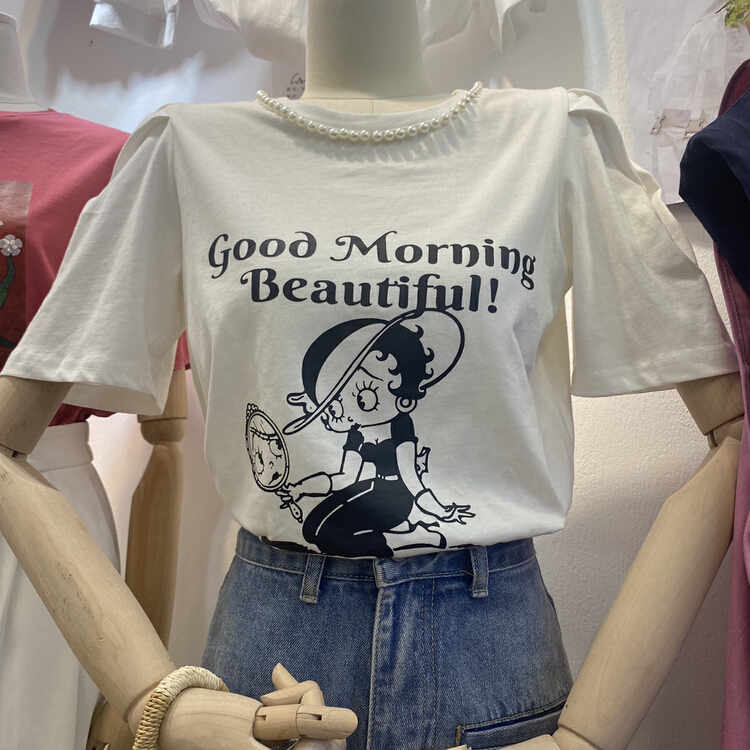 [Moco Moco small a family] round neck versatile printed Casual Short Sleeve T-shirt 838\pcz
