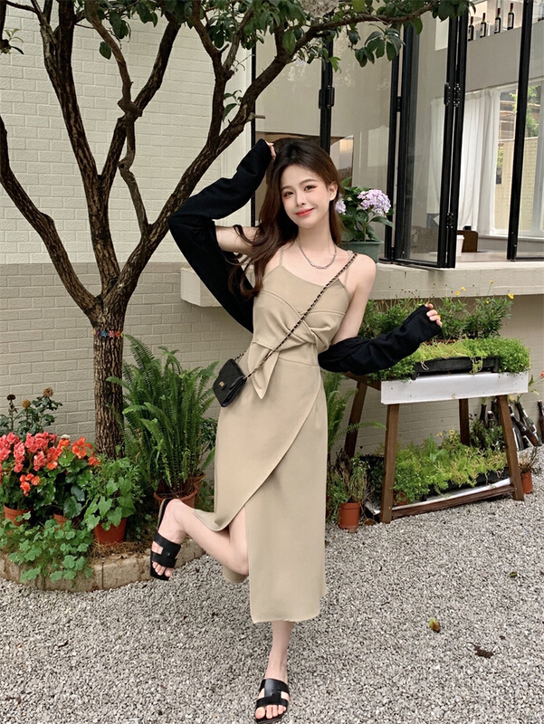 [jun.t] bow design feeling split strap dress + knitted cardigan suit 6128\pcz