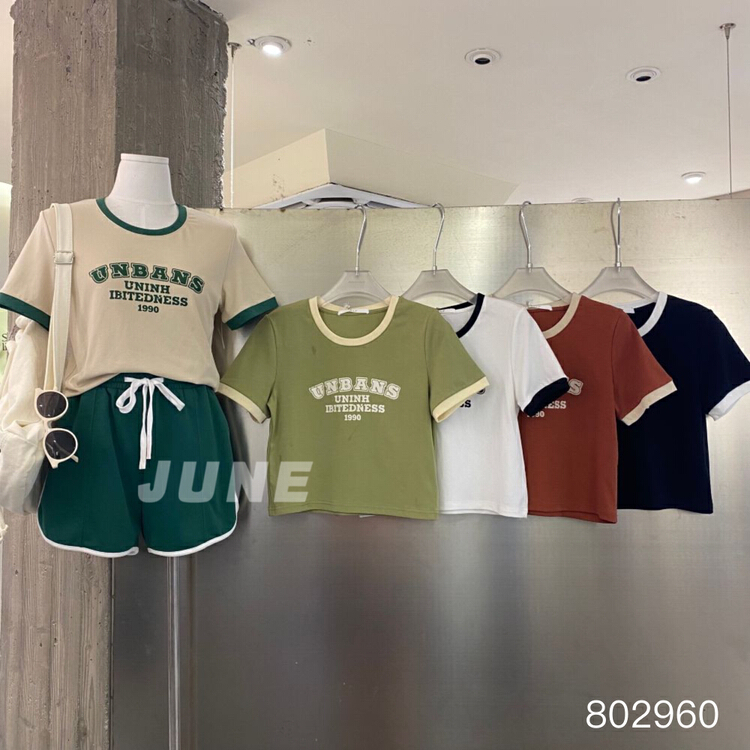 [June] lettered printed contrast Casual Short Sleeve T-shirt (T-shirt only) 802960\xyy