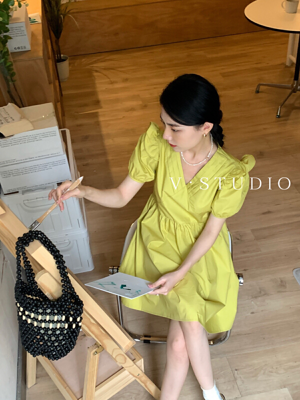 [v.] sweet aging Lantern Sleeve waist V-neck dress 6658\ll