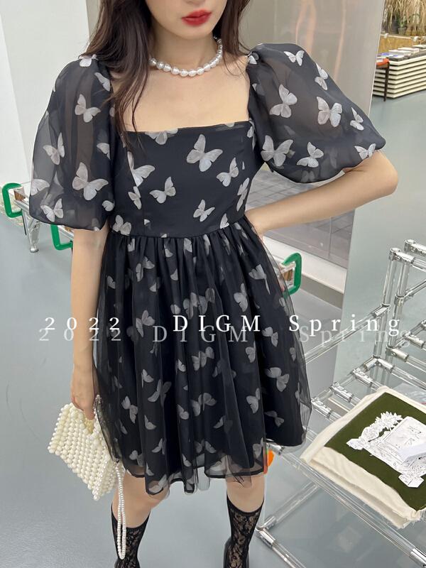 In early summer! 【 digm 】 French first love butterfly mesh bubble sleeve slim dress 1569-1\zxx