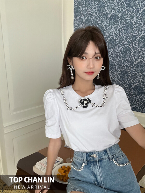 [top Chan Lin] leisure simple heavy industry diamond studded rose short sleeve T-shirt 95195-1\jj