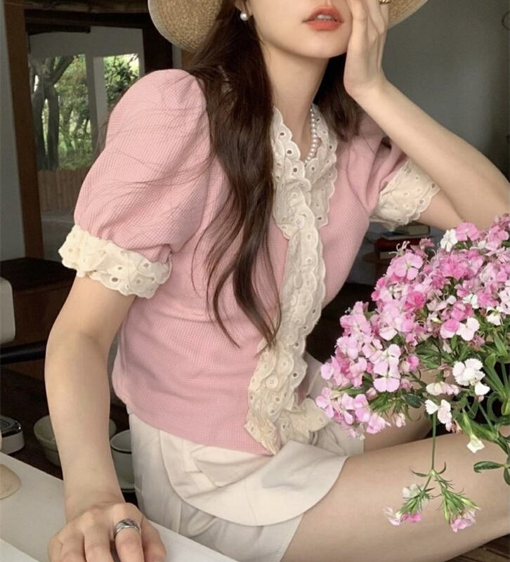 [Feimao (Yimao)] short sleeve button up lace splicing shirt z-6111\lsl