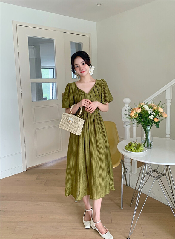[Sumi] V-neck bubble sleeve temperament dress 22583\zjy
