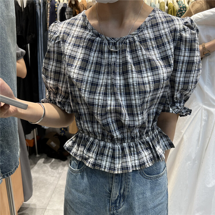 【 winner 】 round neck Plaid bubble sleeve shirt 9056\ll